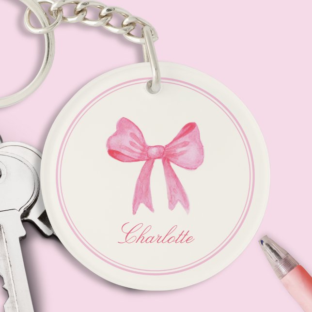 Pink Coquette Bow Acrylic Keychain (sweet cute pretty girly pink coquette bow keychain with custom name in calligraphy script)