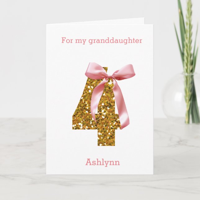Pink Coquette Bow and Gold Glitter 4th Birthday Card (Front)