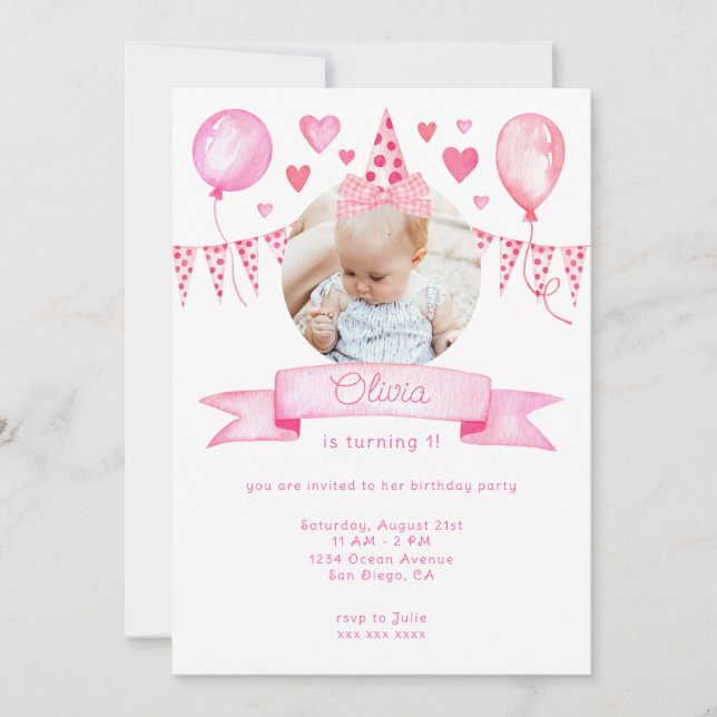 Pink Coquette Bow Baby Girl Birthday Party Invitation (Front)
