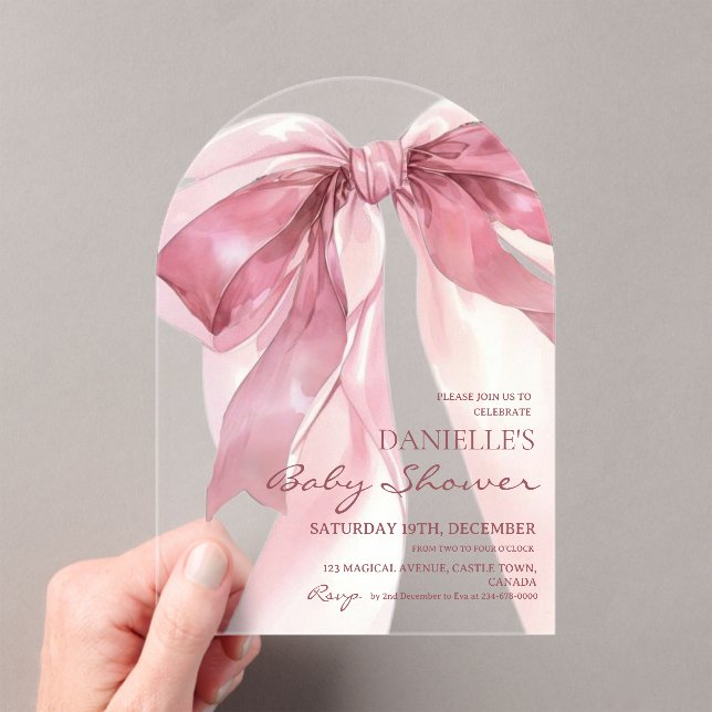 Pink Coquette Bow Baby Girl Shower Acrylic Invitations (Insitu (Handheld))
