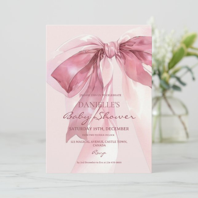 Pink Coquette Bow Baby Girl Shower Invitation (Standing Front)