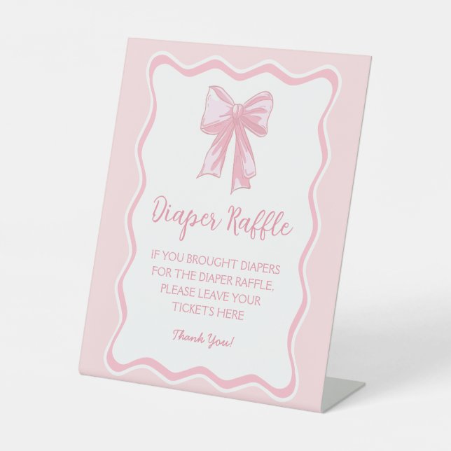 Pink Coquette Bow Baby Shower Diaper Raffle Game Pedestal Sign (Front)