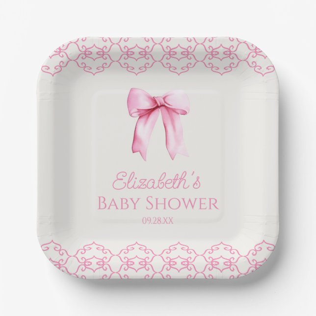 Pink Coquette Bow Baby Shower Paper Plate (Front)