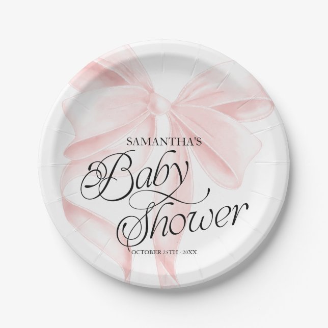 Pink Coquette Bow Baby Shower Paper Plates (Front)