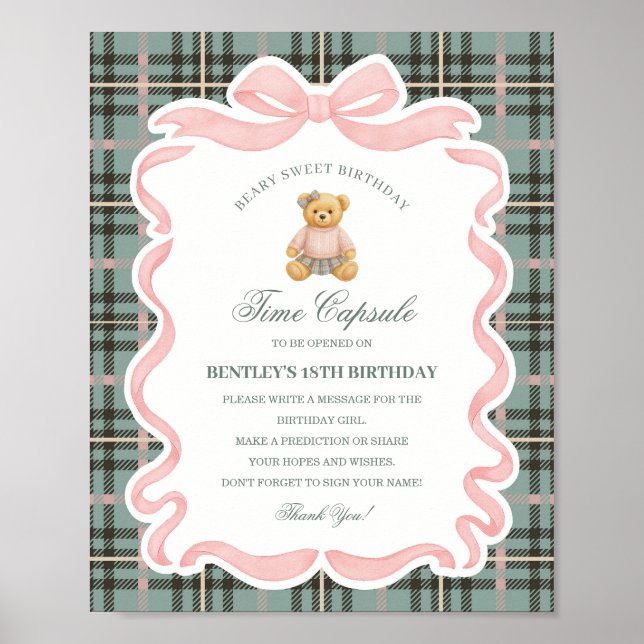 Pink Coquette Bow Bear Birthday Time Capsule Poster (Front)