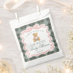 Pink Coquette Bow Bear Plaid Baby Shower Dessert Favour Bags