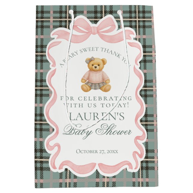 Pink Coquette Bow Bear Plaid Baby Shower Favors Medium Gift Bag (Front)