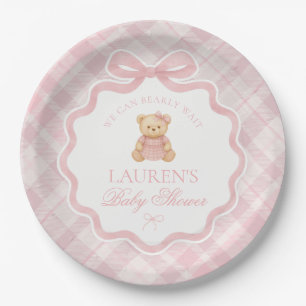 Pink Coquette Bow Bear Plaid Baby Shower Paper Plate