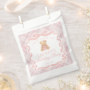 Pink Coquette Bow Bear Plaid Birthday Dessert Favour Bags