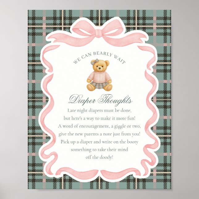 Pink Coquette Bow Bear Plaid Diaper Thoughts Poster (Front)