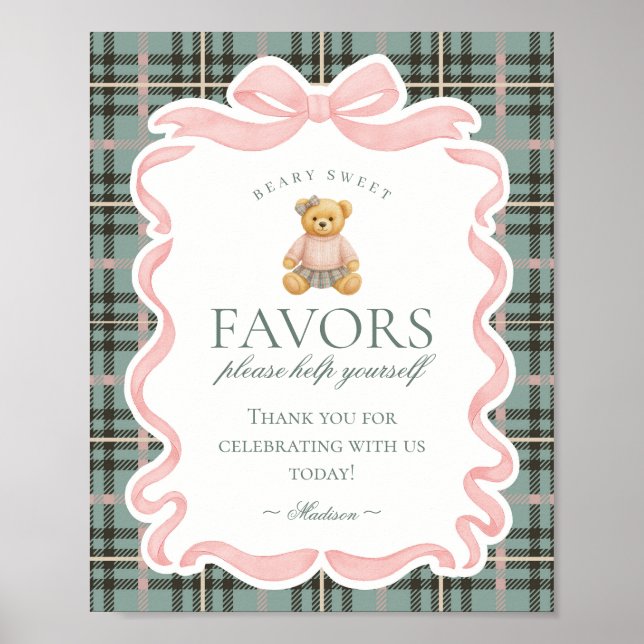 Pink Coquette Bow Bear Plaid Party Favors Sign (Front)