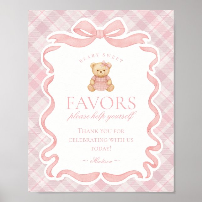 Pink Coquette Bow Bear Plaid Party Favors Sign (Front)