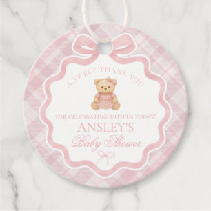 Pink Coquette Bow Bear Tartan Baby Shower Circle Favour Tags