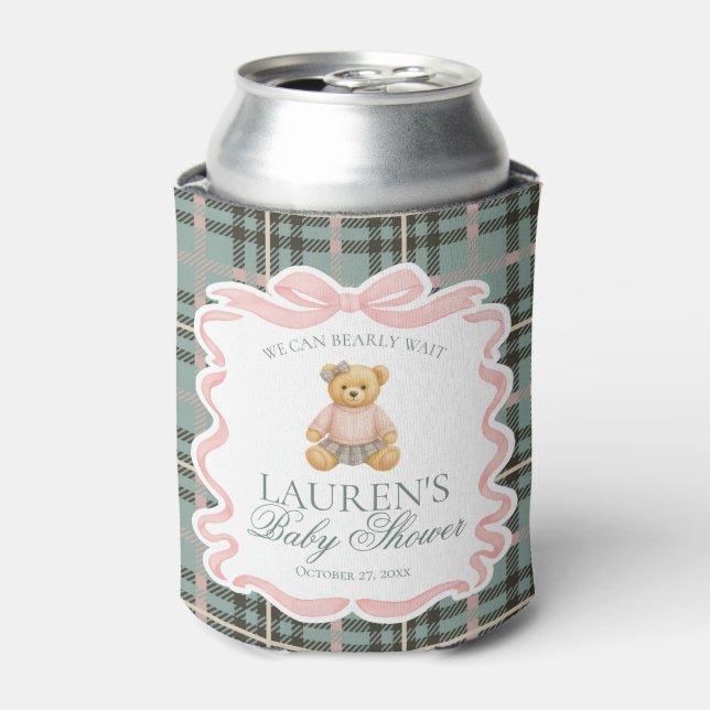 Pink Coquette Bow Bear Tartan Baby Shower Favor Can Cooler (Can Front)