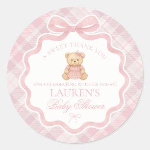 Pink Coquette Bow Bear Tartan Baby Shower Favor Classic Round Sticker