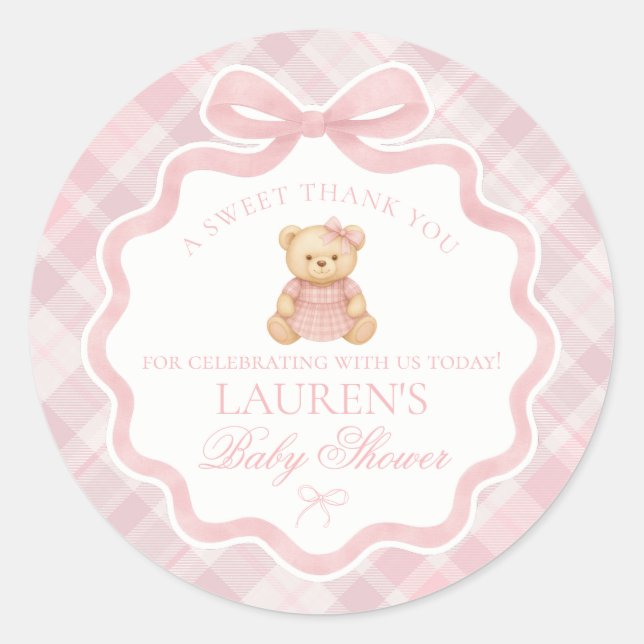 Pink Coquette Bow Bear Tartan Baby Shower Favor Classic Round Sticker (Front)