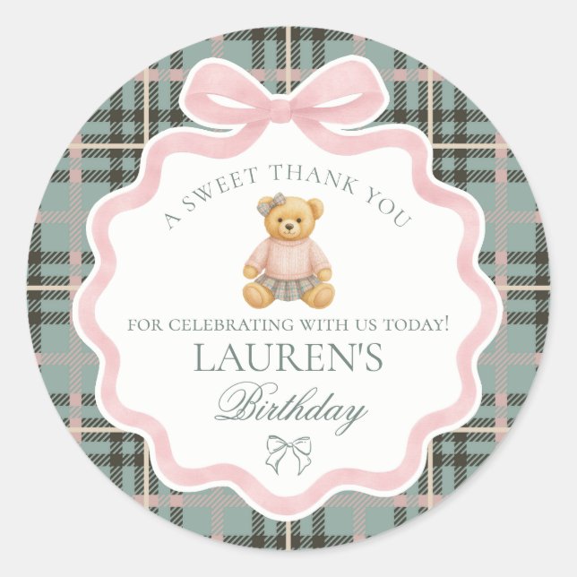 Pink Coquette Bow Bear Tartan Birthday Favor Classic Round Sticker (Front)
