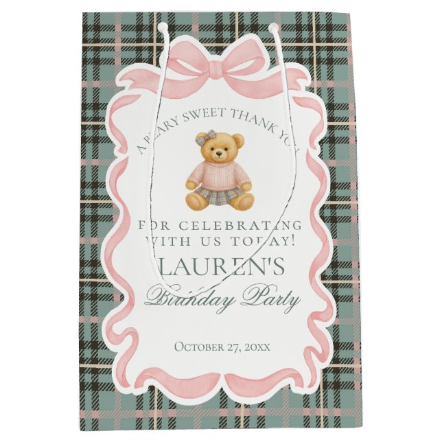 Pink Coquette Bow Bear Tartan Birthday Favors Medium Gift Bag (Front)