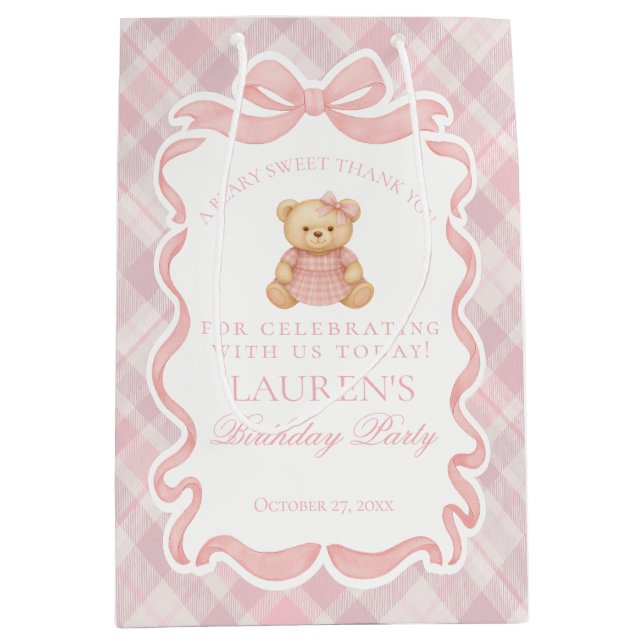 Pink Coquette Bow Bear Tartan Birthday Favors Medium Gift Bag (Front)