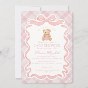Pink Coquette Bow Bear Tartan Plaid Baby Shower Invitation