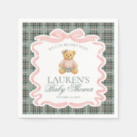Pink Coquette Bow Bear Tartan Plaid Baby Shower