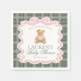 Pink Coquette Bow Bear Tartan Plaid Baby Shower Napkin