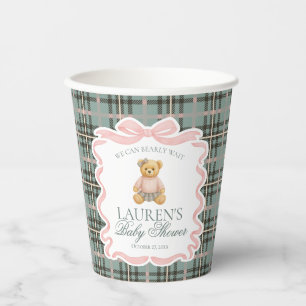 Pink Coquette Bow Bear Tartan Plaid Baby Shower Paper Cups