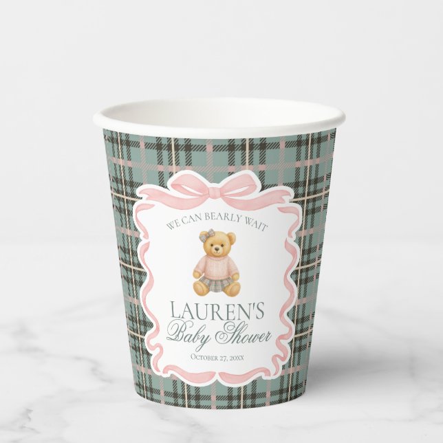 Pink Coquette Bow Bear Tartan Plaid Baby Shower Paper Cups (Front)