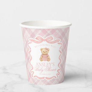Pink Coquette Bow Bear Tartan Plaid Baby Shower Paper Cups
