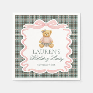 Pink Coquette Bow Bear Tartan Plaid Birthday Napkin