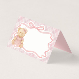 Pink Coquette Bow Bear Tartan Plaid Place Card