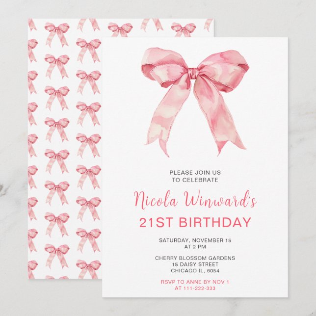 Pink Coquette Bow Birthday Party Invitation (Front/Back)