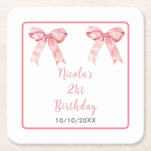 Pink Coquette Bow Birthday Party Square Paper Coaster