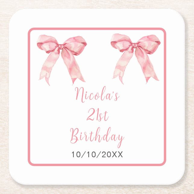 Pink Coquette Bow Birthday Party Square Paper Coaster (Front)