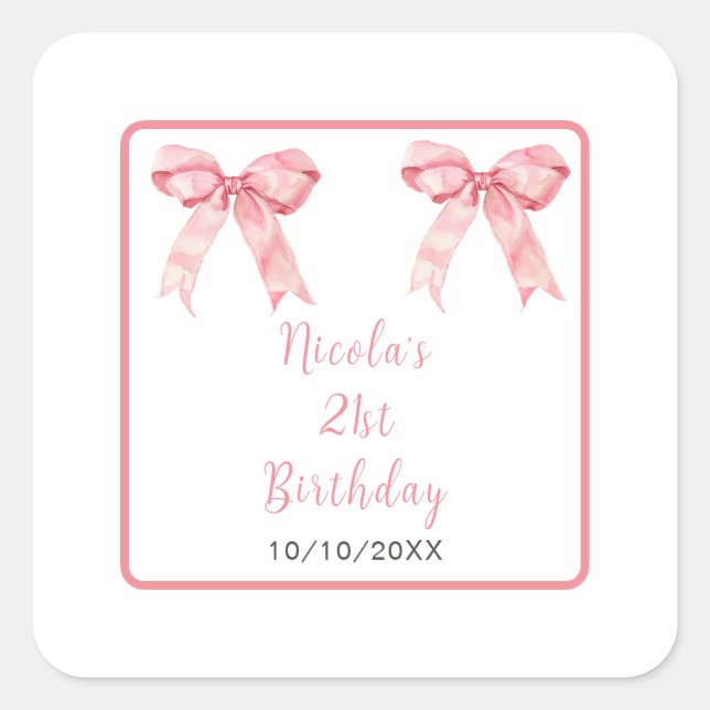 Pink Coquette Bow Birthday Party Square Sticker (Front)