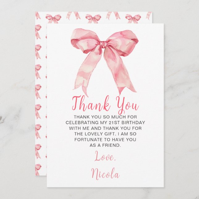 Pink Coquette Bow Birthday Party Thank You Card (Front/Back)