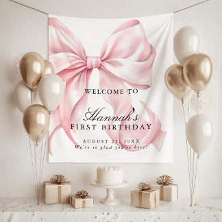 Pink Coquette Bow Birthday Party Welcome Sign Tapestry