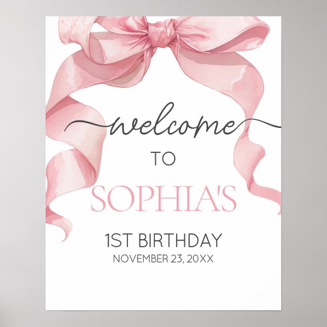 Pink Coquette Bow Birthday Party Welcome Signs (Front)