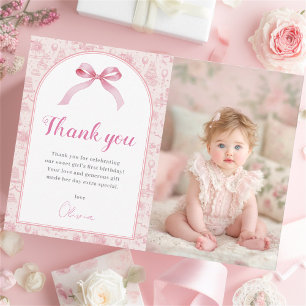 Pink Coquette Bow Birthday Photo Thank You Card