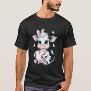 Pink Coquette Bow Black & White Cow Holding Heart T-Shirt