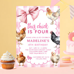 Pink Coquette Bow Boho Girl Chicken Birthday Party Invitation