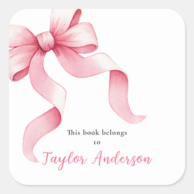 Pink Coquette Bow Bookplate Square Sticker (Front)