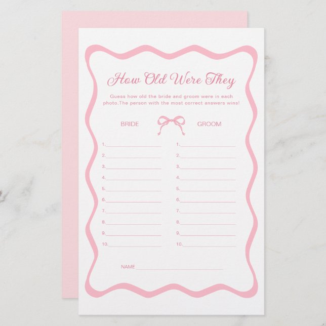 Pink Coquette Bow Bridal Shower Guess the Age Game (Front/Back)