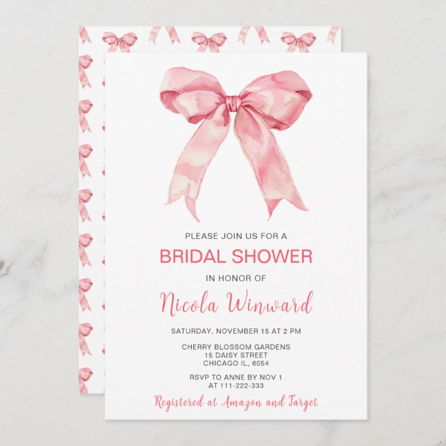 Pink Coquette Bow Bridal Shower Invitation (Front/Back)