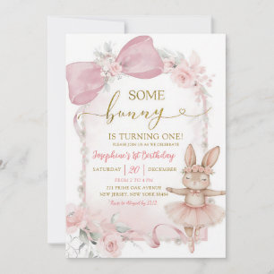 Pink Coquette Bow Bunny First Birthday Invitation