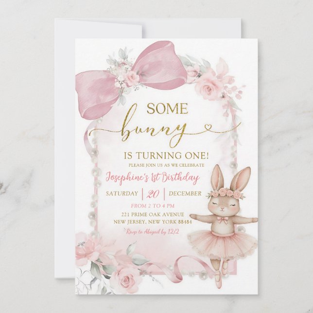 Pink Coquette Bow Bunny First Birthday Invitation (Front)
