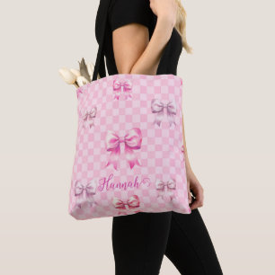 Pink Coquette Bow Chequerboard Tote Bag