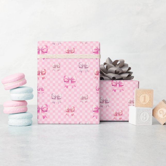 Pink Coquette Bow Chequerboard Wrapping Paper (Baby Shower)