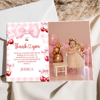 Pink Coquette Bow Cherry Birthday Photo Thank You Card