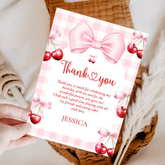 Pink Coquette Bow Cherry Birthday Thank You Card